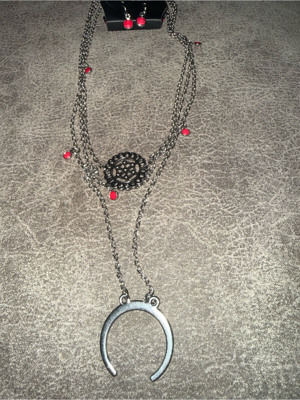 Layered Silver Crescent Necklace with Red Accent Beads